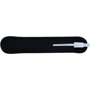 A sleek metal pen with a silver finish, accompanied by a black pouch for storage.