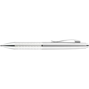 A metal pen in silver and white with a textured grip and a clip. Features branding on the side.