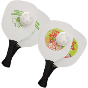 A pickleball set featuring two paddles with colorful designs and a lightweight pickleball.