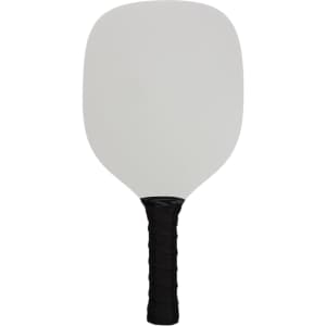 A pickleball paddle with a solid white surface and a textured black handle.