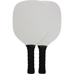A pickleball set featuring two paddles with black grips and white paddle surfaces.