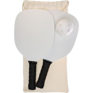 A Pickleball set featuring two paddles and a ball, all neatly packaged in a canvas storage bag.