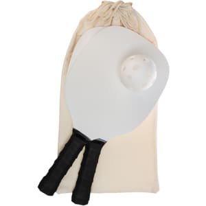 A pickleball set featuring two paddles and a plastic ball, all packaged in a soft drawstring bag.