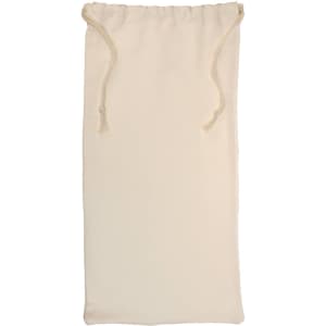 A drawstring pouch designed for storing or carrying items, featuring a soft fabric material in a neutral color.