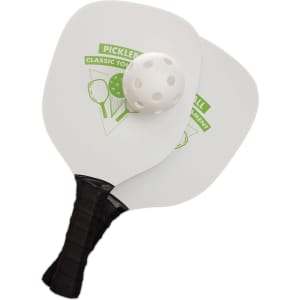A pickleball set featuring two paddles with a white and green design and a perforated ball.