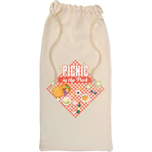 A cream-colored drawstring bag featuring a picnic-themed design with a checkered pattern and various food items.