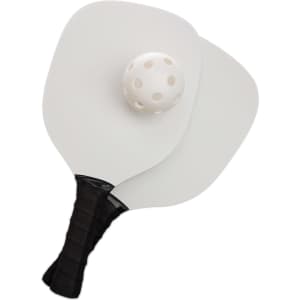 A pickleball set featuring two paddles and a perforated plastic ball.