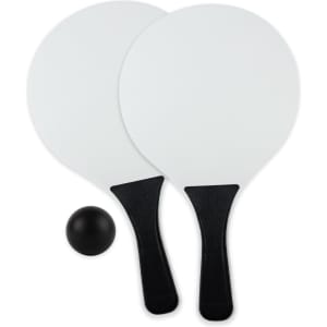 A paddle and ball set featuring two white paddles with black handles and a black ball. It has a logo on the paddles.