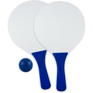 A blue and white paddle and ball set featuring two paddles and a ball. The paddles have blue handles and blank surfaces.