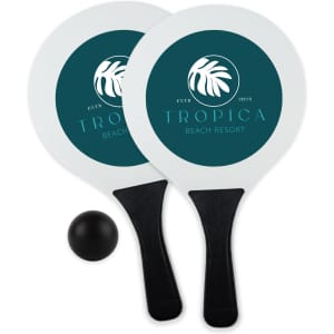 A bat and ball set featuring two white paddles with black handles and a black ball, including a logo.