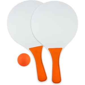 A set of two white paddles with orange handles and a small orange ball. The paddles are flat and round.