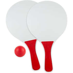 A bat and ball set featuring two white paddles with red handles and a small red ball, alongside a logo.