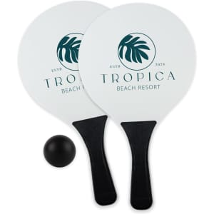 A paddle bat and ball set featuring two white paddles with black handles and a black ball, branded with a logo.