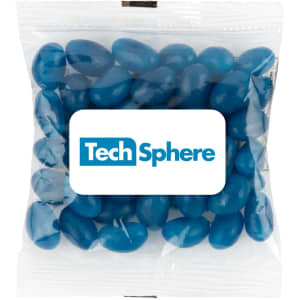 A clear cello bag filled with blue jelly beans, featuring a logo on the front.