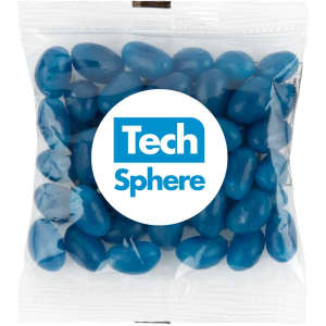 A 50-gram cello bag filled with blue jelly beans, featuring a circular label with the text "Tech Sphere."
