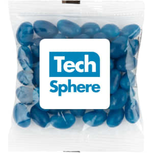 A clear cello bag containing blue jelly beans, featuring a prominent logo for "Tech Sphere."
