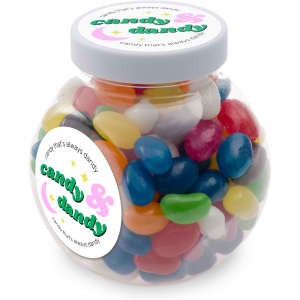 A clear container filled with assorted colour mini jelly beans in various vibrant shades.