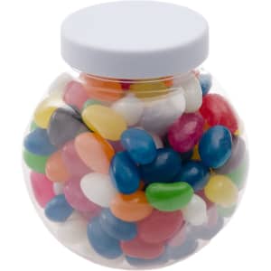A clear container filled with assorted color mini jelly beans in various shades including red, blue, yellow, and green.