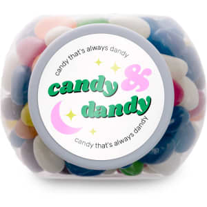 A container filled with assorted color mini jelly beans, featuring a label that reads "Candy & Dandy."