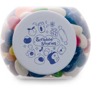 A container filled with assorted color mini jelly beans, featuring various vibrant shades. The container has a logo.