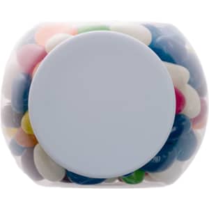 A container filled with assorted colour mini jelly beans, featuring various hues including pink, green, and blue.