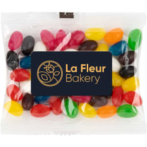 A 50-gram cello bag filled with assorted colour mini jelly beans, featuring a label branded with "La Fleur Bakery."
