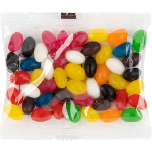 A 50 gram cello bag filled with assorted jelly beans in vibrant colours, including red, yellow, green, and blue.