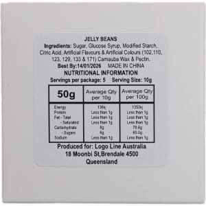 A box containing assorted colour jelly beans, weighing 50g, with a nutritional information label on the back.