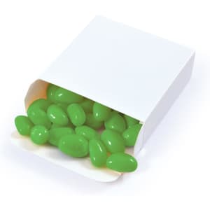 A box containing green jelly beans, with some spilling out. The box is plain white and features a logo.