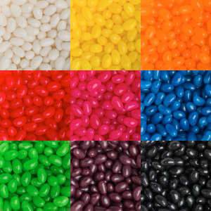 A grid of jelly beans in various colours: white, yellow, orange, red, pink, blue, green, purple, and black.