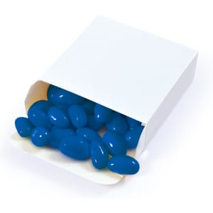 A white box filled with vibrant blue jelly beans. The box is partially open, revealing the candies inside.
