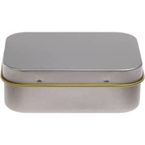 A silver rectangular tin designed for packaging pens, featuring a smooth finish and a hinged lid with a gold accent.