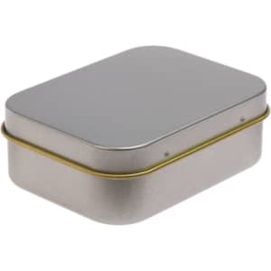 A silver rectangular tin featuring assorted colour mini jelly beans inside.