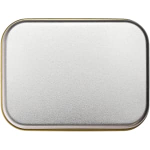 A silver rectangular tin with a smooth surface and rounded edges, designed for packaging pens.