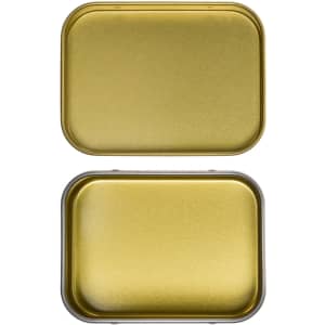 A silver rectangular tin with a shiny lid, displayed open and closed.