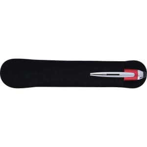 A sleek red pen with a silver clip, presented on a black suede-like case.