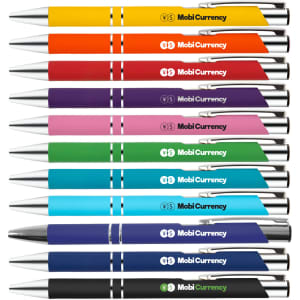 A row of metallic pens in various colours, each with a shiny silver clip and branding on the barrel.