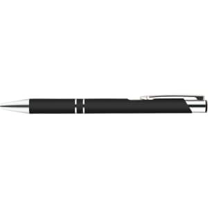 A sleek black metal pen with silver accents and a clip, featuring a modern design and branding.
