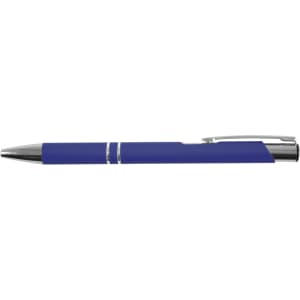 A blue metal pen with a glossy finish and a silver clip, featuring a simple design.