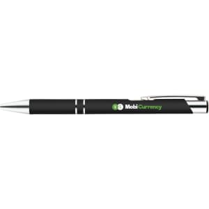 A metal pen in black with silver accents, featuring a logo for MobiCurrency.