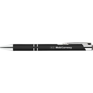 A sleek black metal pen with silver accents, featuring the engraving "MobiCurrency" on the barrel.