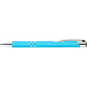 A metal pen in a vibrant blue color with sleek silver accents and a clip.