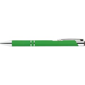 A green metal pen featuring silver accents and a sleek design, identified as the Napier Deluxe Pen.