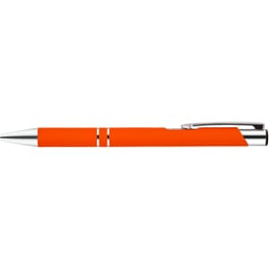 A metal pen in vibrant orange with silver accents and a sleek design, featuring two white striped details on the barrel.