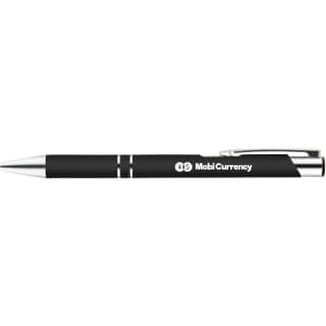 A metal pen featuring a sleek black design with silver accents and the logo "MobiCurrency" printed on its side.