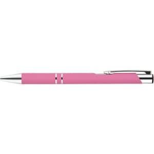 A metal pen in a vibrant pink color with silver accents.