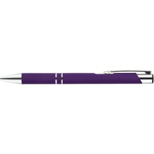 A metal pen featuring a sleek purple design with silver accents.