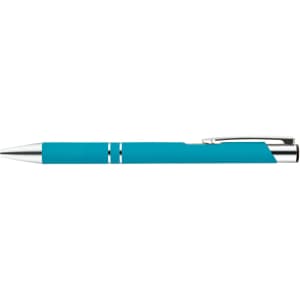 A metal pen in a vibrant turquoise color featuring a sleek design and chrome accents.
