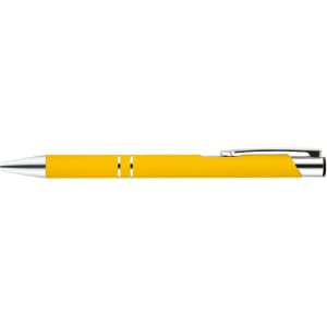 A yellow metal pen featuring a sleek design and chrome accents, ideal for writing with style.