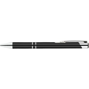 A sleek black metal pen with silver accents, featuring a streamlined design and clip for easy attachment.
